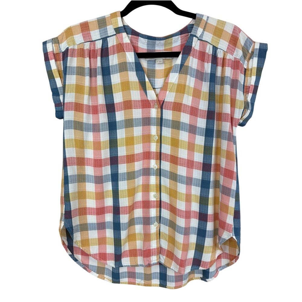 Loft Multicolored Gingham Button Up High Low Hem Rolled Cuff Short Sleeve Top XS